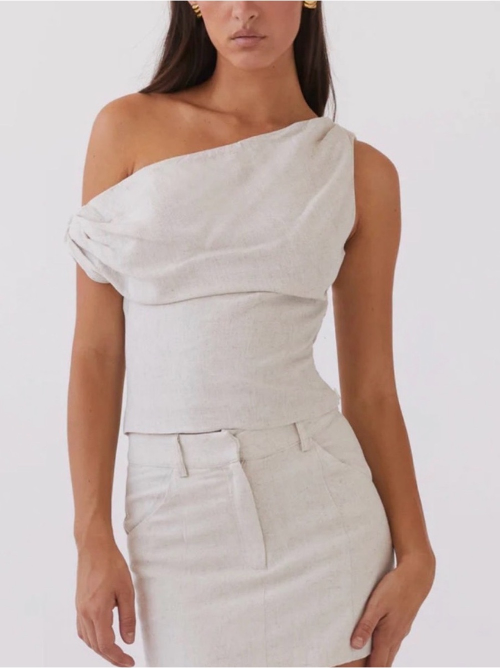 Peppermayo One-Shoulder Cream Linen-Blend Top